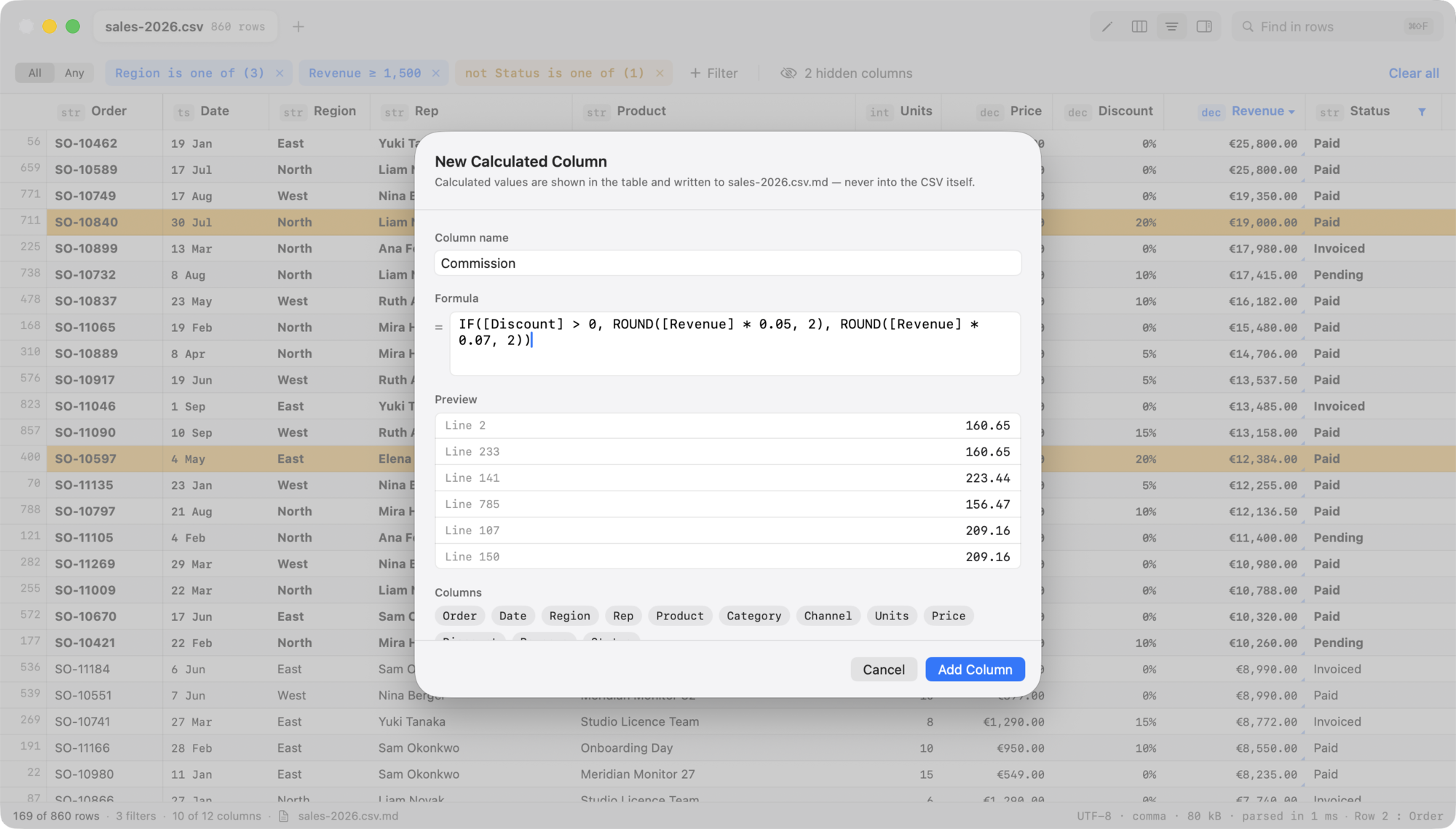 The New Calculated Column sheet with a formula, a live preview of the computed values for several rows, and the palette of available columns.